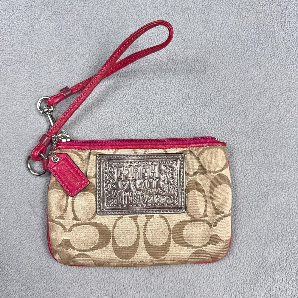Coach Wristlet Khaki Pink Tan Poppy Signature C Logo Monogram Zip